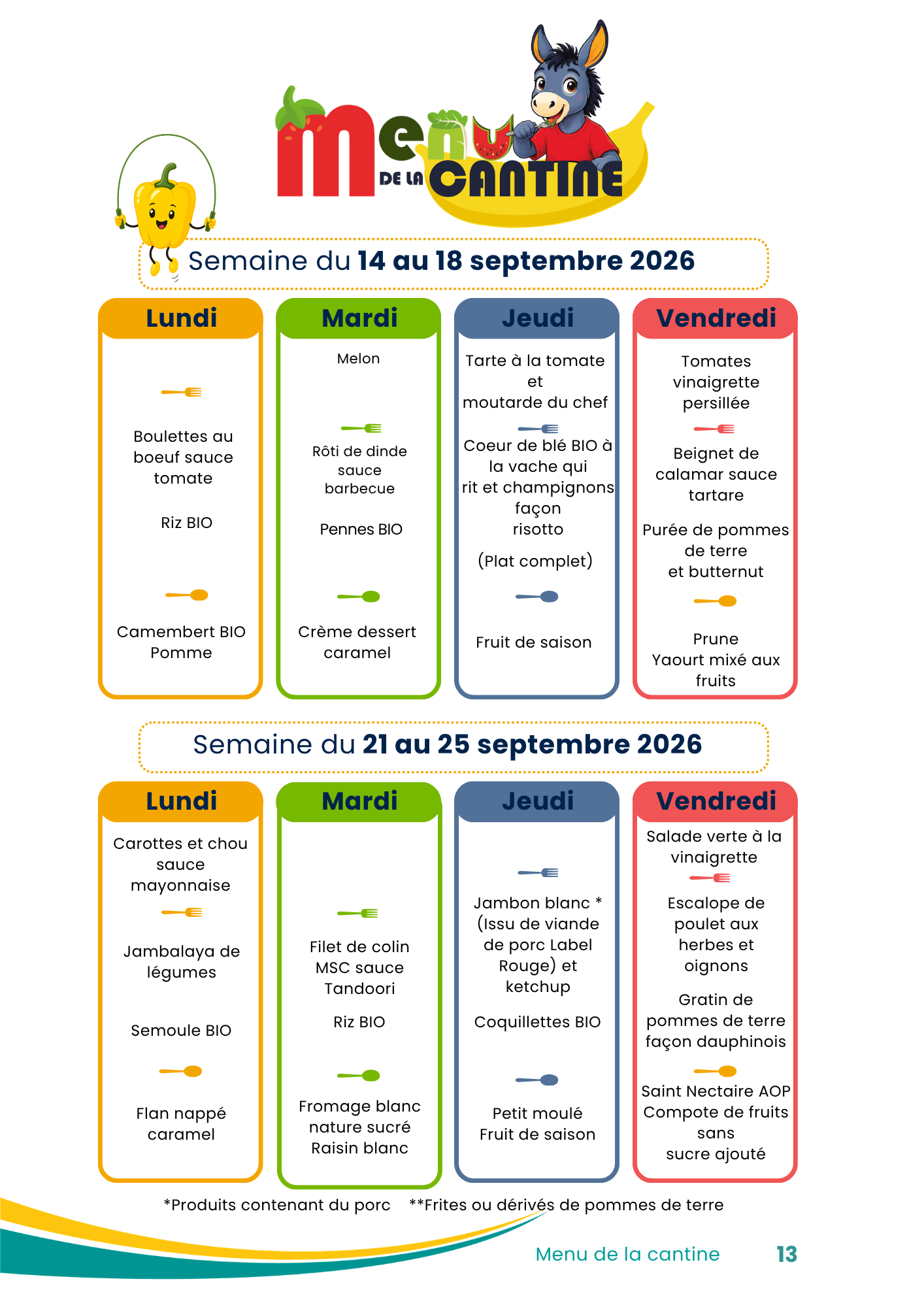 Menus de la cantine