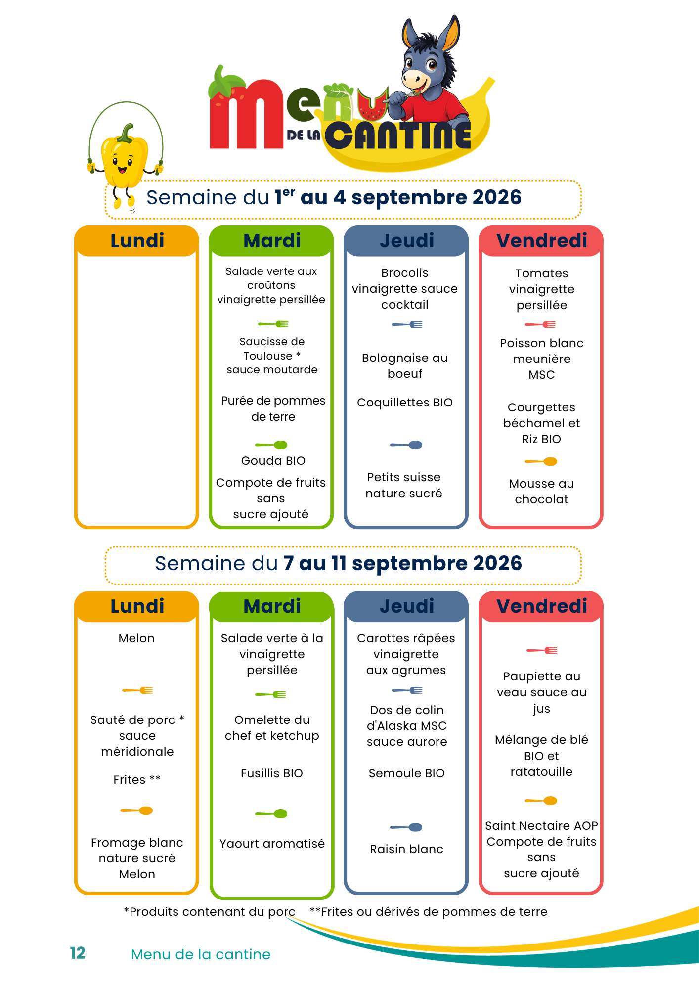 Menus de la cantine